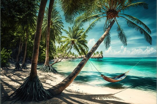 Tropical hammock in paradise at sunset, closeup recreational summer  background. Relaxation, carefree beach scene, palm leaves, sunset light.  Tranquil beautiful couple leisure tropical lifestyle 35340354 Stock Photo  at Vecteezy