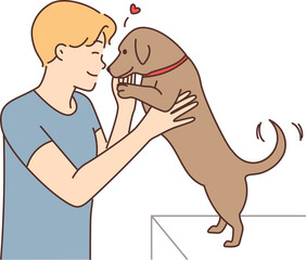 Happy man playing with dog