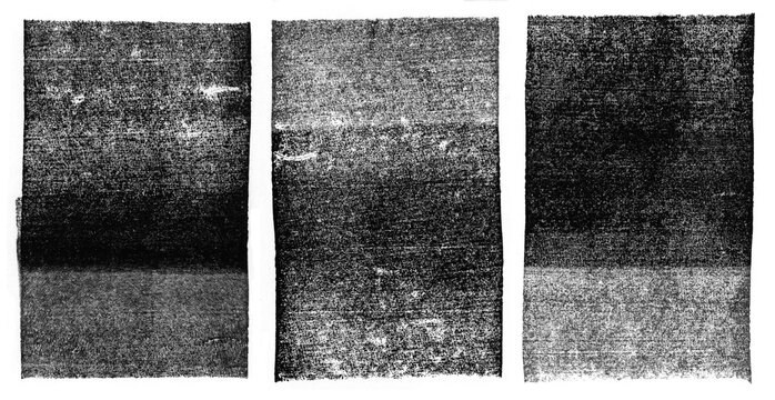set of three highly detailed stamp / letterpress / rolled ink textures isolated over a transparent background, use as a grungy vintage overlay or as mask