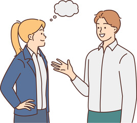 Smiling employees talking discussing ideas