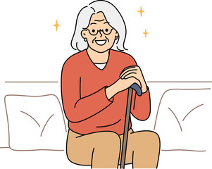 Smiling elderly grandmother sit on sofa