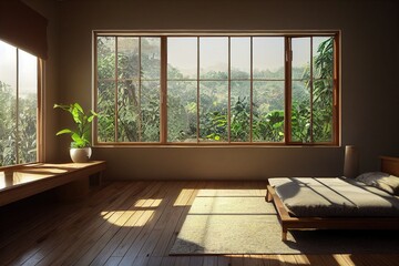 Beautiful Modern Japandi Minimal style Primary Bedroom Interior with green luscious jungle trees views with staged furniture at golden hour large windows Made with Generative Ai