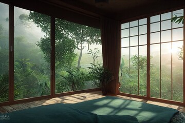 Beautiful Modern Japandi Minimal style Primary Bedroom Interior with green luscious jungle trees views with staged furniture large floor to ceiling windows Made with Generative Ai