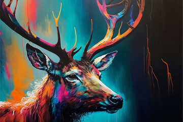 Głowa jelenia kolorowa malowana akrylem - obrazy, fototapety, plakaty