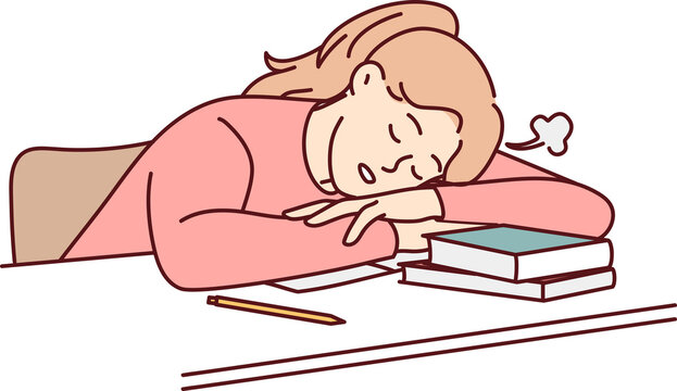 Exhausted student sleep on desk overwhelmed with studying
