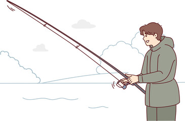 Smiling man with fishing rod outdoors