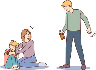 Scared mother protect child from drunk father