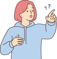 Frustrated girl point with finger at something
