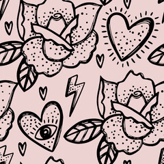 Abstract seamless chaotic pattern with rose, bird, heart. Grunge texture background. Wallpaper cool teen style