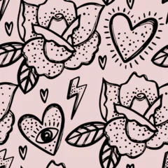 Zelfklevend Fotobehang Abstract seamless chaotic pattern with rose, bird, heart. Grunge texture background. Wallpaper cool teen style © artlavi_design