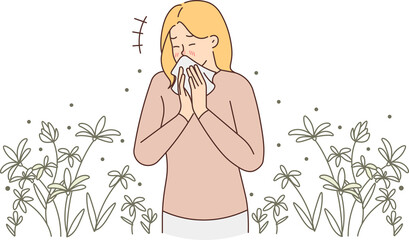 Unhealthy woman sneeze suffer from allergy - obrazy, fototapety, plakaty