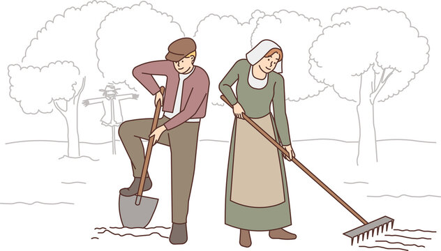 Old-fashioned people working in field
