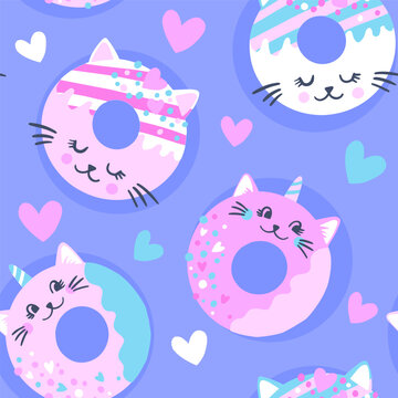 Naklejka Fashion abstract seamless pattern with cat donuts. Cool background on cute style for girl