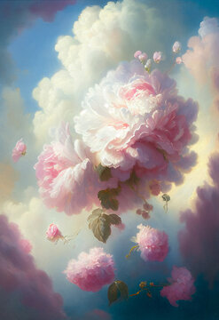 Romantic oil painting of pink roses and clouds. Created with generative AI.