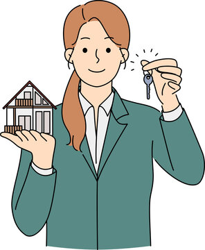 recommend clip art: Smiling realtor hold house miniature and key