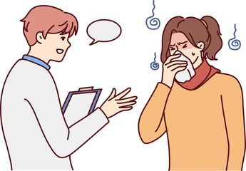 Male doctor help sick woman with flu