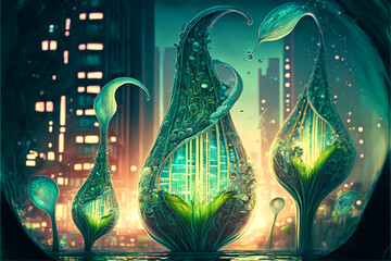 Futuristic city made from carnivorous pitcher plants, dew drops