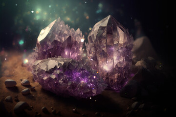 Obraz premium Vintage birthstones, February Amethyst gemstone, magic wallpaper AI Generated