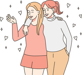 Smiling girls hug spending time together