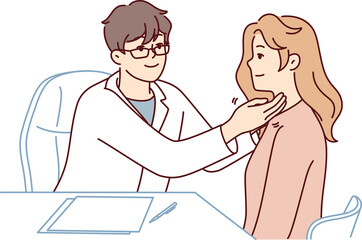 Fototapeta premium Man doctor in white coat sits at table holding out hands to throat woman patient. Vector image