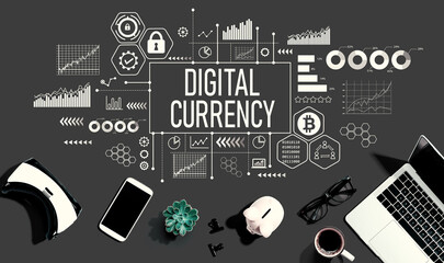 Digital currency theme with electronic gadgets and office supplies