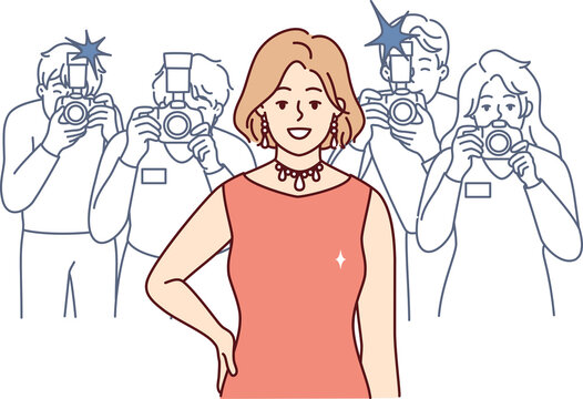 Smiling woman in dress posing for photographers and paparazzi during fashion show. Vector image