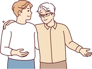 Gray-haired elderly man in glasses and young guy slap each other on back and shoulders. Vector image