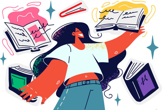 Happy girl surrounded by books