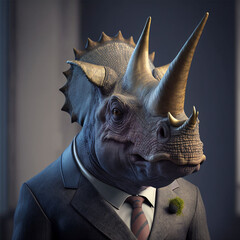 Portrait of a dinosaur dressed in a formal business suit, Generative AI