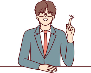 Man in business suit raises hand and wants to speak during meeting with colleagues. Vector image