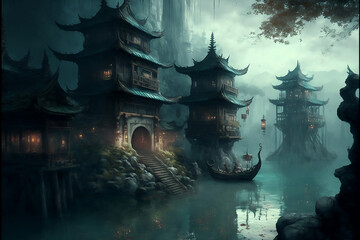 Obraz premium A floating village in ancient japan digital art