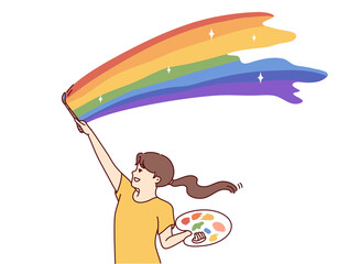 Happy teenage girl paints rainbow in sunny sky with brush and palette. Vector design