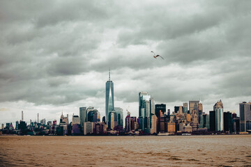 Skyline of New York City with dark clouds