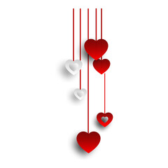 A group of red and white hearts hanging from the top, suitable for decorating cards and banners for different occasions
