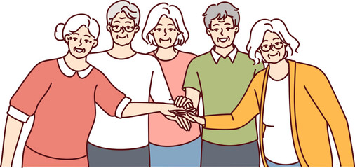 Elderly men and women with gray hair stand with their hands outstretched to center. Vector image