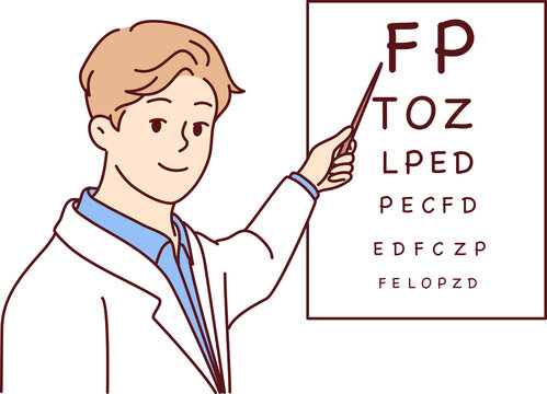 Man doctor holds out pointer to poster with letters for checking eyesight of patients. Vector image