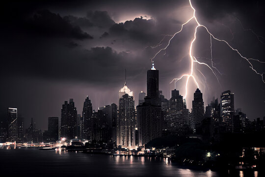 Gewitter mit einem Blitz und dramatischen Wolkenhimmel &uuml;ber einer Stadt - Generative Ai