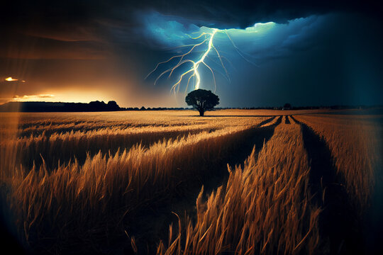 Gewitter mit einem Blitz und dramatischen Wolkenhimmel &uuml;ber einem Feld - Generative Ai