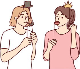 Girl friends with funny masks for photo shoot during house party or holiday carnival. Vector image