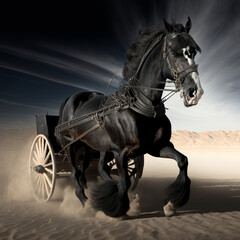 black horse frisone driven by Elsa Fornero in the des.