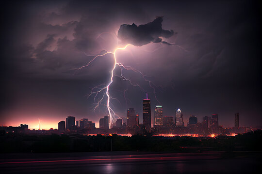 Gewitter mit einem Blitz und dramatischen Wolkenhimmel &uuml;ber einer Stadt - Generative Ai