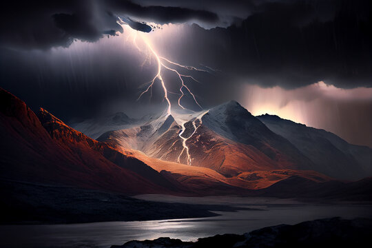 Gewitter mit einem Blitz und dramatischen Wolkenhimmel in den Bergen- Generative Ai