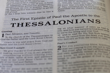 title page from the book of 1st Thessalonians in the bible for faith, christian, hebrew, israelite, history, religion
