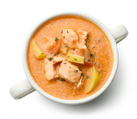 bowl of salmon and tomato soup with potatoes