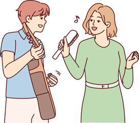 Musical group of man playing guitar and woman with rattle rehearsing new cool tune. Vector image