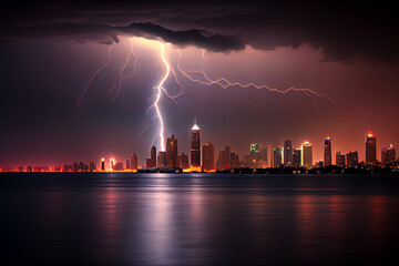 Gewitter mit einem Blitz und dramatischen Wolkenhimmel über einer Stadt - Generative Ai