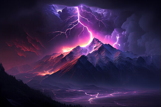 Gewitter mit einem Blitz und dramatischen Wolkenhimmel in den Bergen- Generative Ai