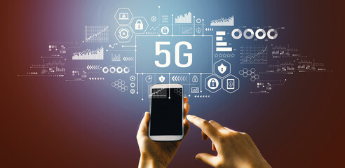 5G network theme with hand pressing a button