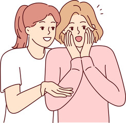 Woman shares gossip with friend by telling stories she read in tabloids or Internet. Vector image