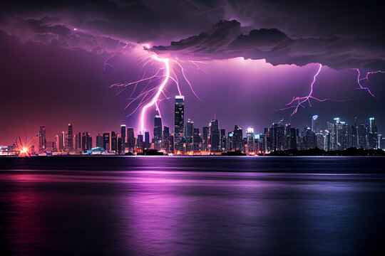 Gewitter mit einem Blitz und dramatischen Wolkenhimmel &uuml;ber einer Stadt - Generative Ai